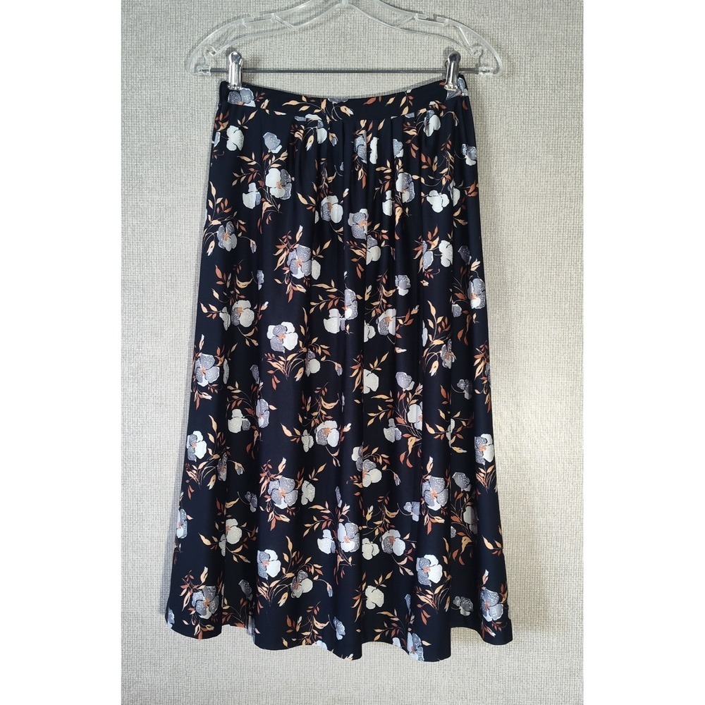 Vintage Floral Skirt Ship 'n Shore Qiana Nylon 26 Inch Waist Black White Midi